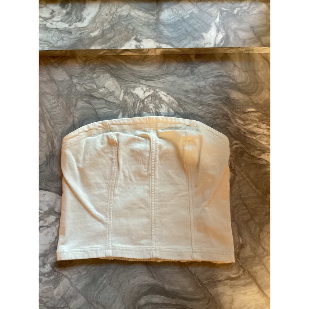 Aerie Womens Cream Denim Smocked Back Tube‎ Top Cropped Strapless Size M NWT